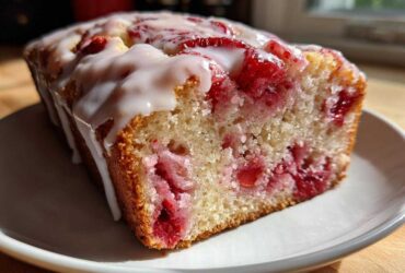 A close-up of a slice of moist strawberry bread topped with a sweet white glaze, showing bright red fruit throughout the crumb.