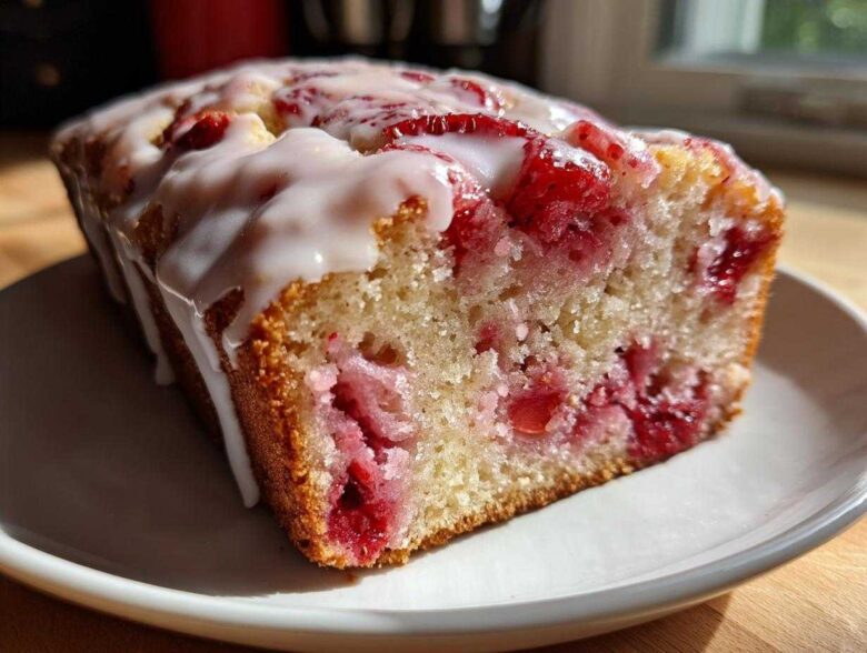 A close-up of a slice of moist strawberry bread topped with a sweet white glaze, showing bright red fruit throughout the crumb.