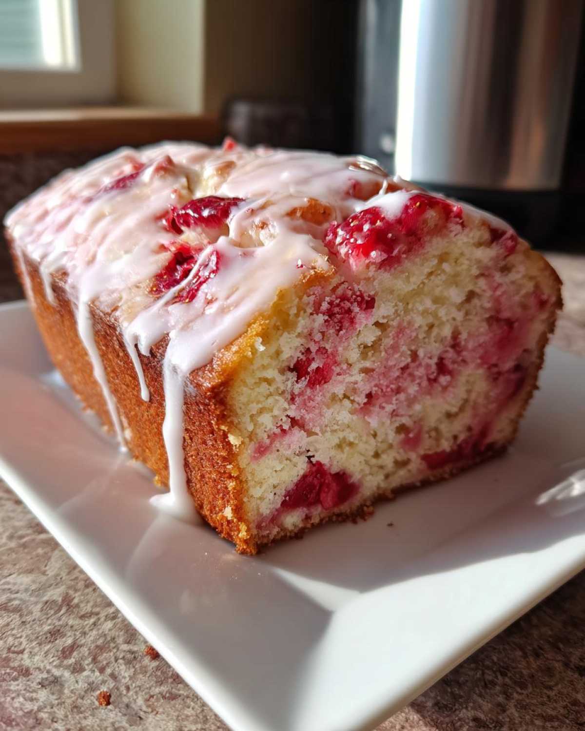 Close-up of a freshly baked loaf of moist strawberry bread topped with a thick vanilla glaze.