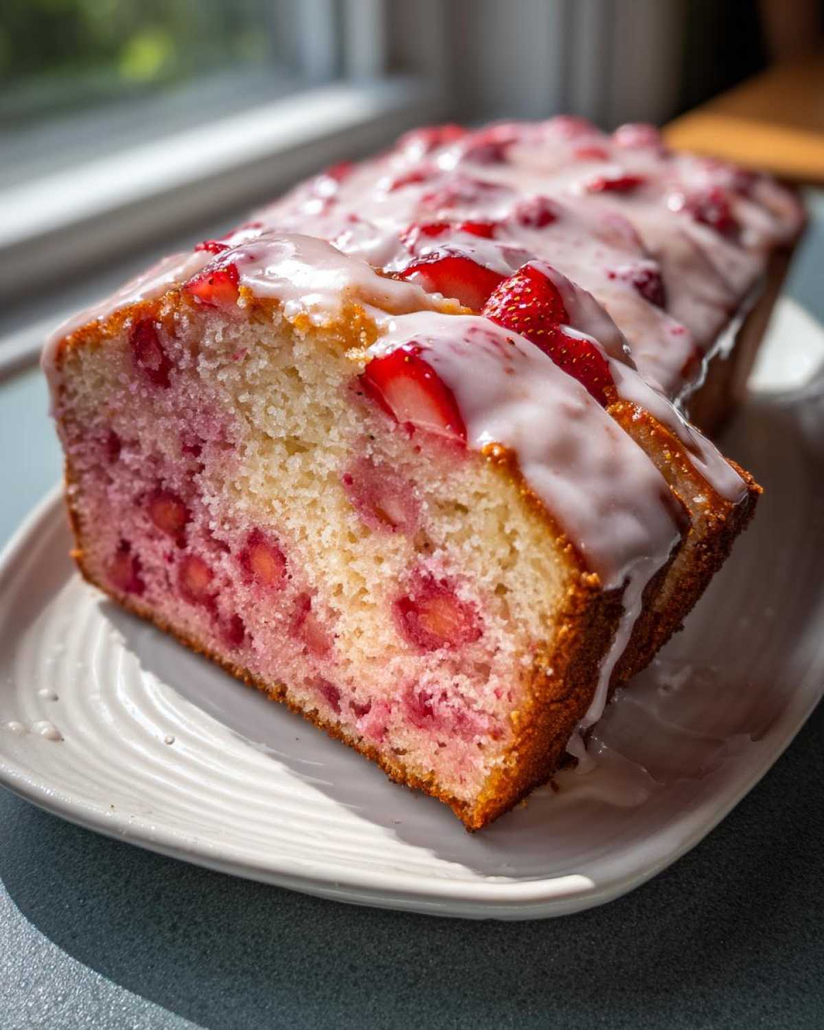 Close-up of a moist slice of strawberry bread, showing baked-in strawberries and a thick white glaze.