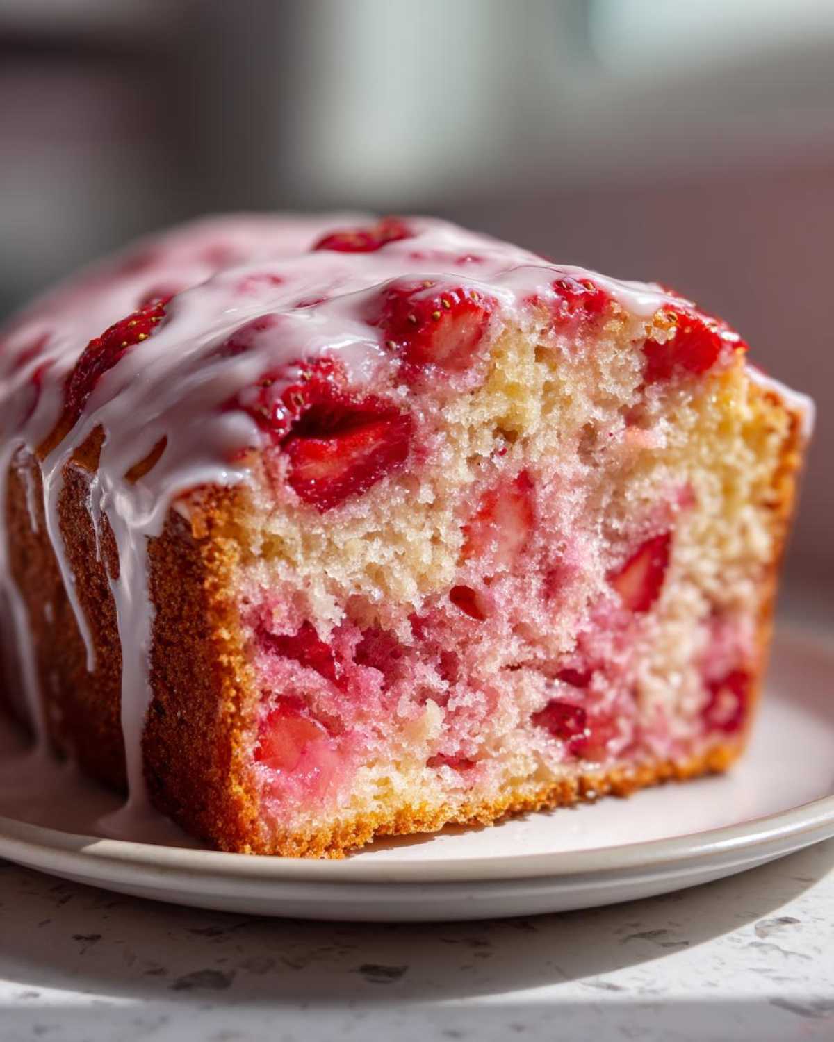 Close-up of a moist slice of strawberry bread, showing pink fruit-filled crumb and white vanilla glaze.