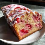 Close-up of sliced strawberry bread with visible chunks of bright red strawberries and a sweet white glaze topping.