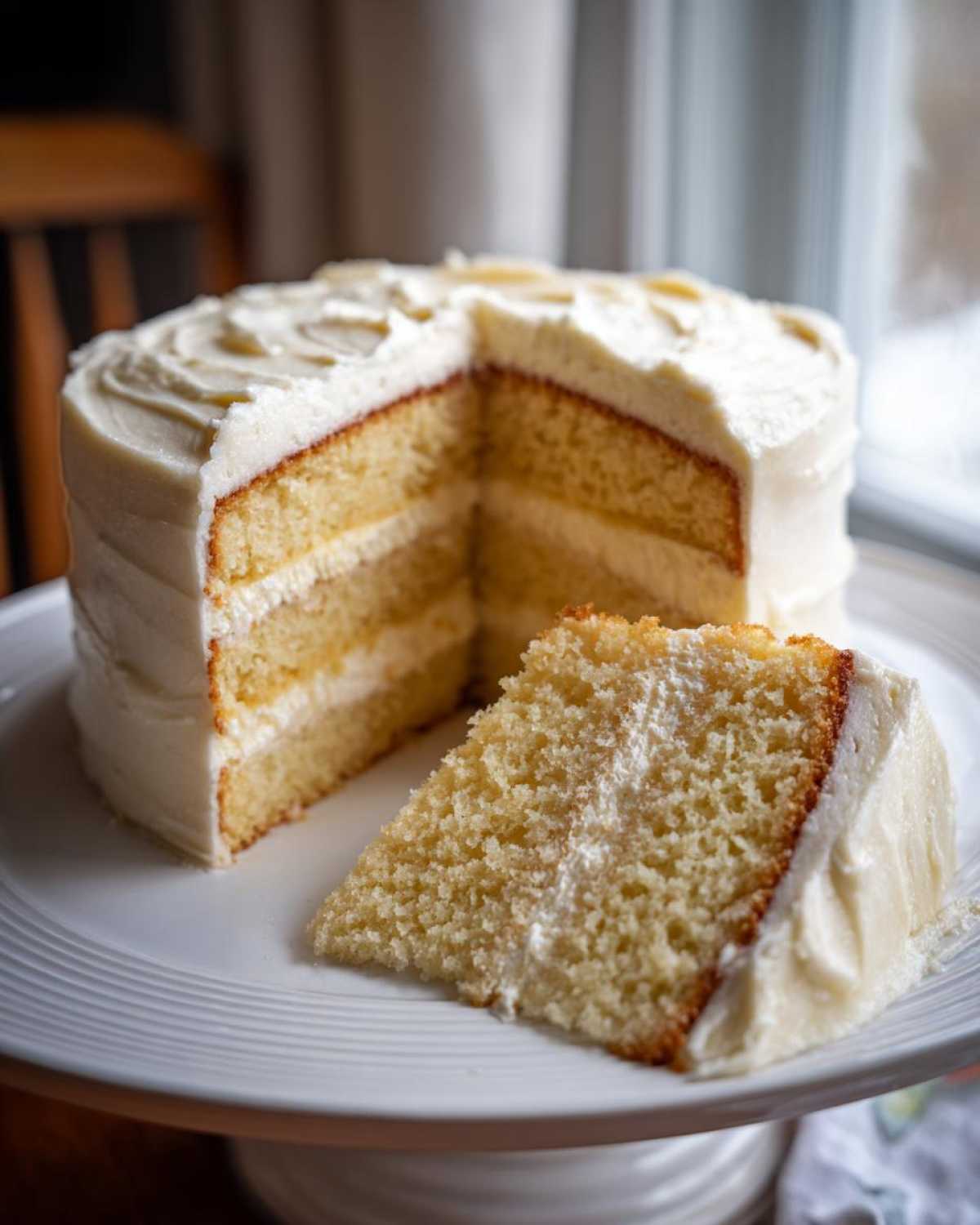 A slice cut from a layered vanilla cake recipe, showing moist crumb and white frosting, served on a white cake stand.