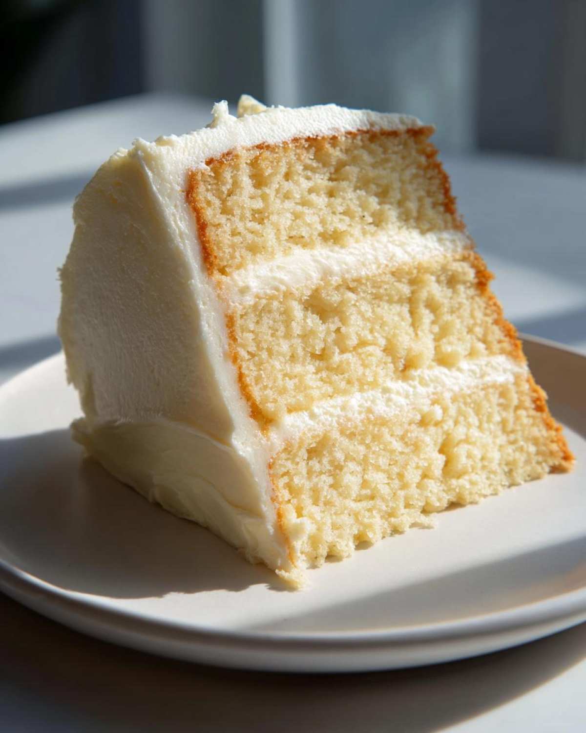 Close-up of a moist slice of three-layer vanilla cake recipe with thick white buttercream frosting.