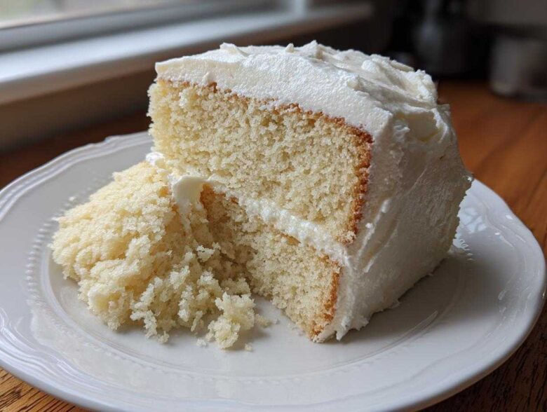 Close-up of a moist slice of vanilla cake recipe layered with white frosting on a white plate.
