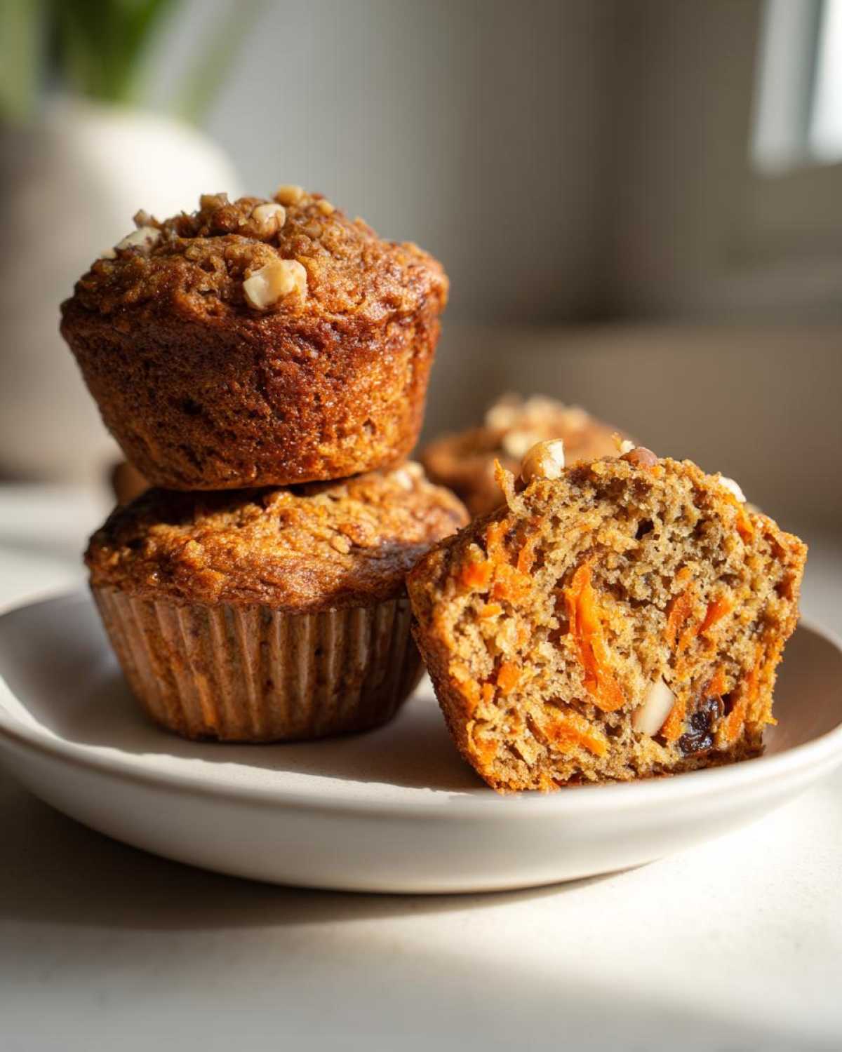 A stack of moist morning glory muffins, one cut open to show shredded carrots and walnuts inside.