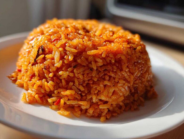 A close-up, featured image of a perfectly molded mound of vibrant orange Nigerian jollof rice on a white plate.