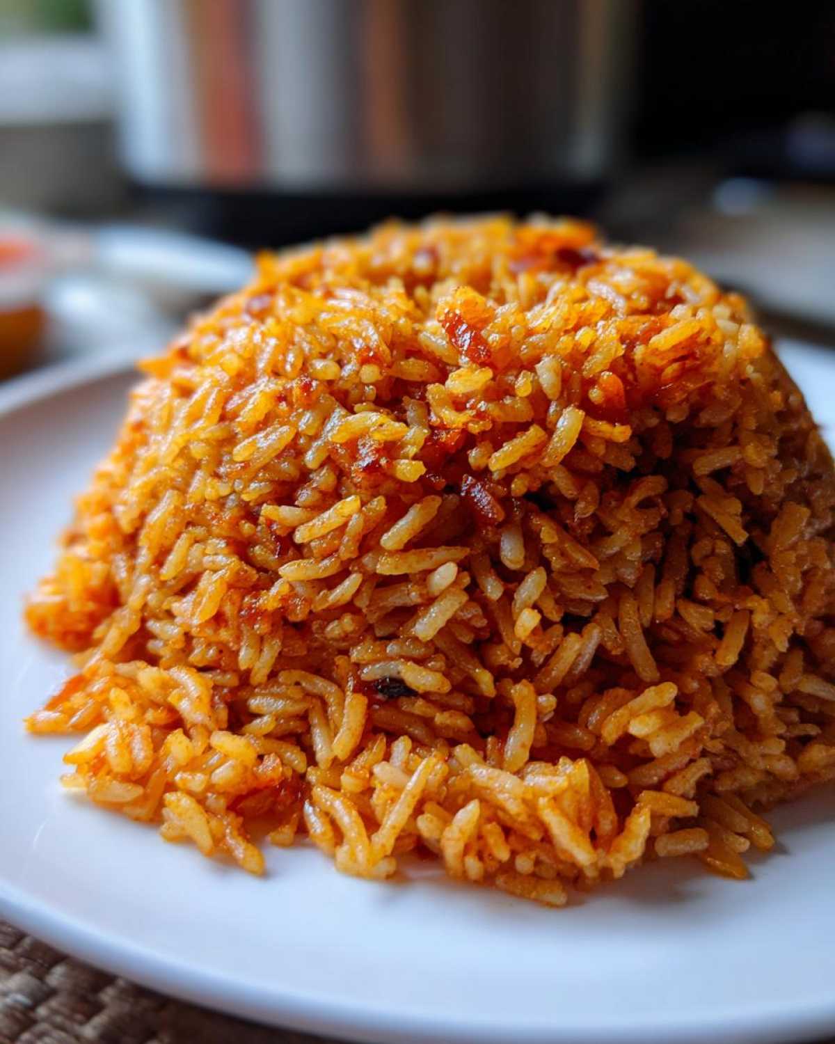 Close-up of a vibrant, orange-red Nigerian jollof rice served on a white plate.