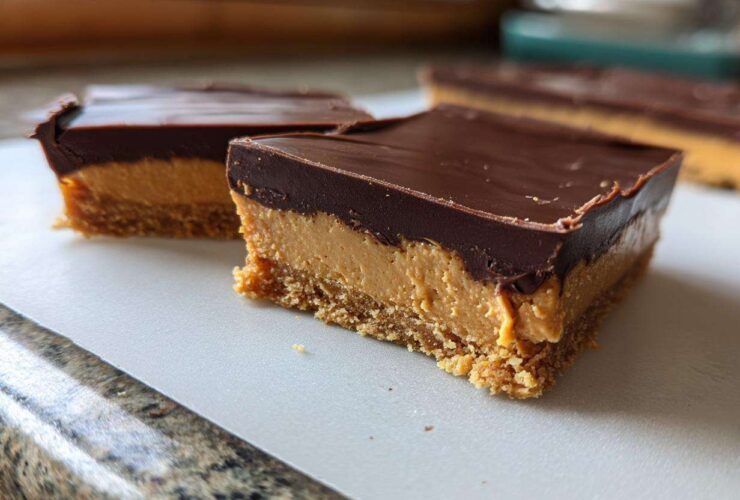 Close-up of two decadent peanut butter bars with a thick chocolate layer on top, showing the crumbly base.
