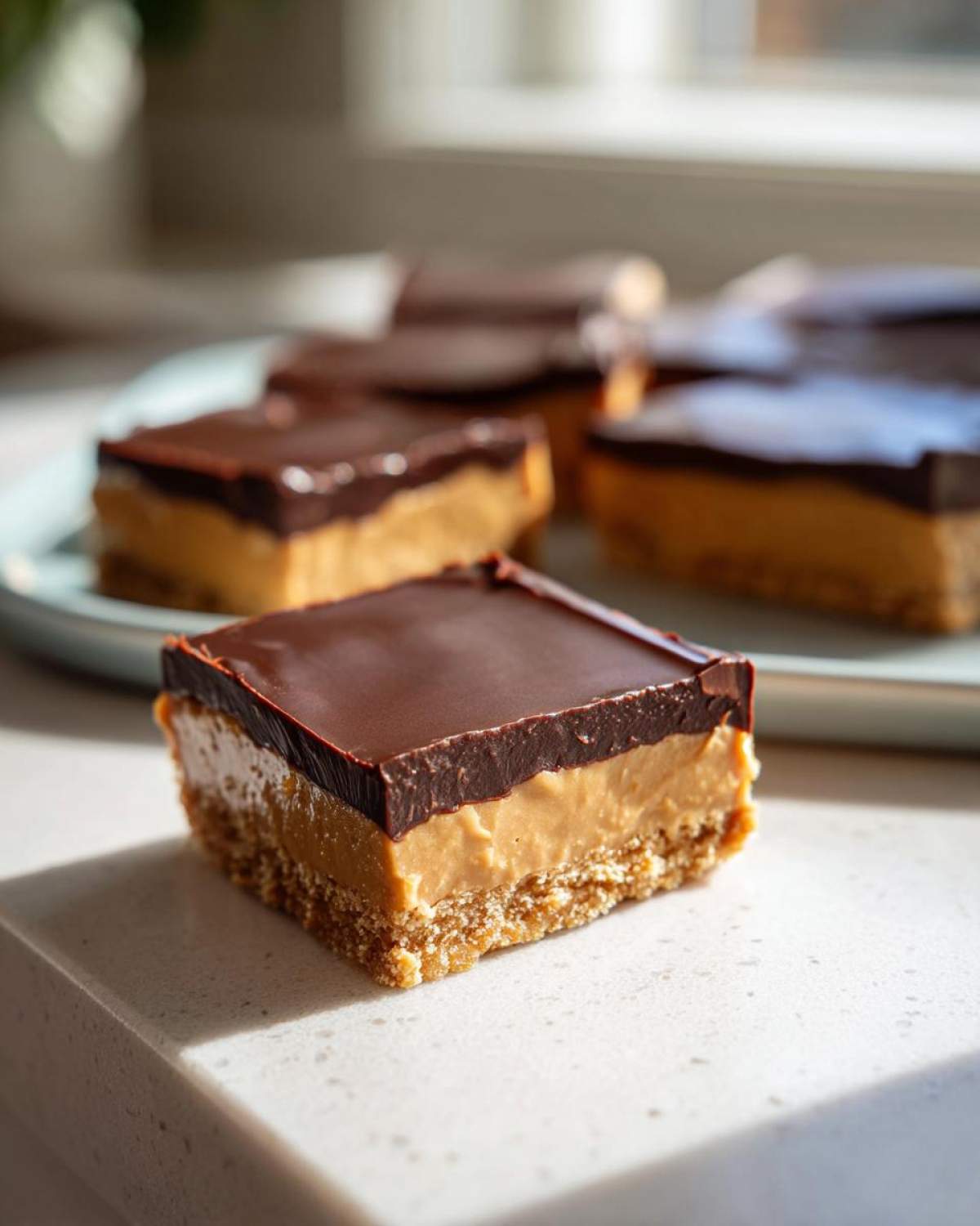 A single, thick square of no bake peanut butter bars with a crumbly base, creamy peanut butter layer, and dark chocolate topping.