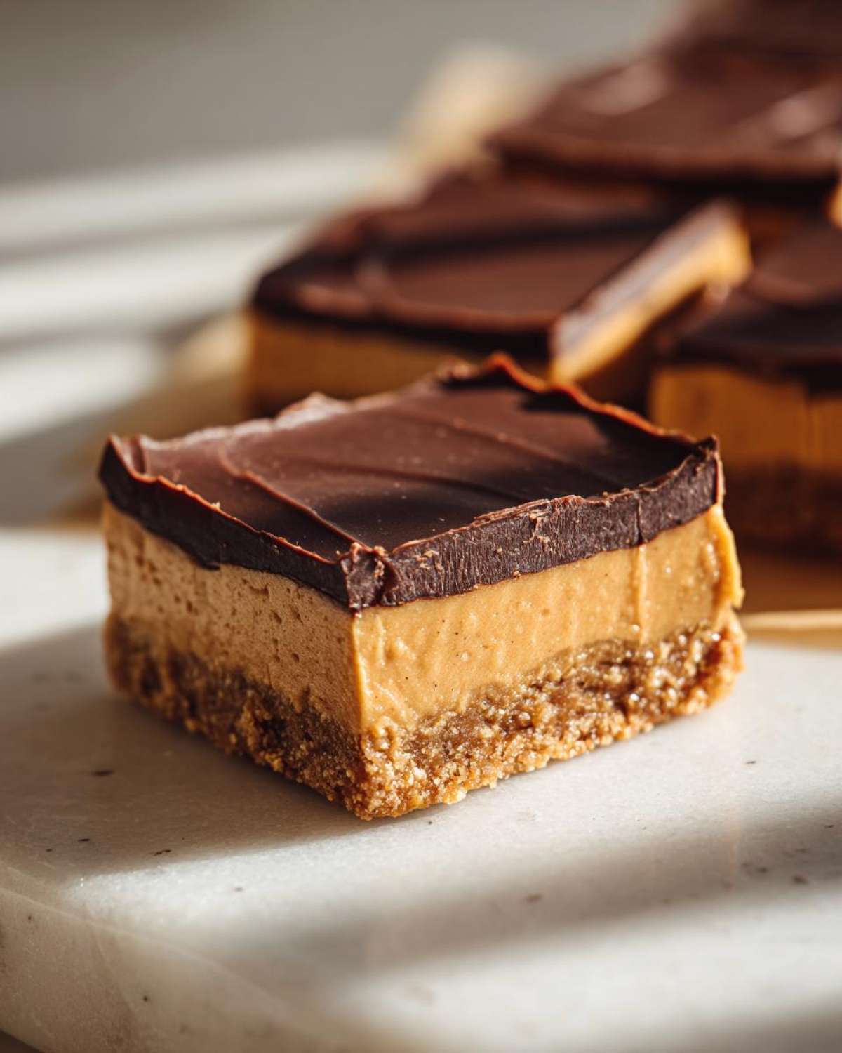 A single square of no bake peanut butter bars showing a crumbly base, thick peanut butter filling, and chocolate topping.