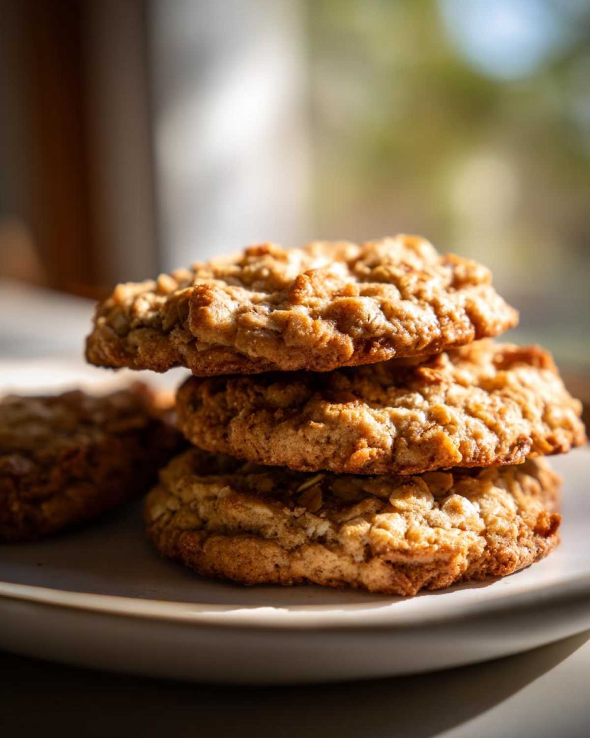 Close-up of a stack of three golden brown, textured breakfast cookie treats on a light plate.