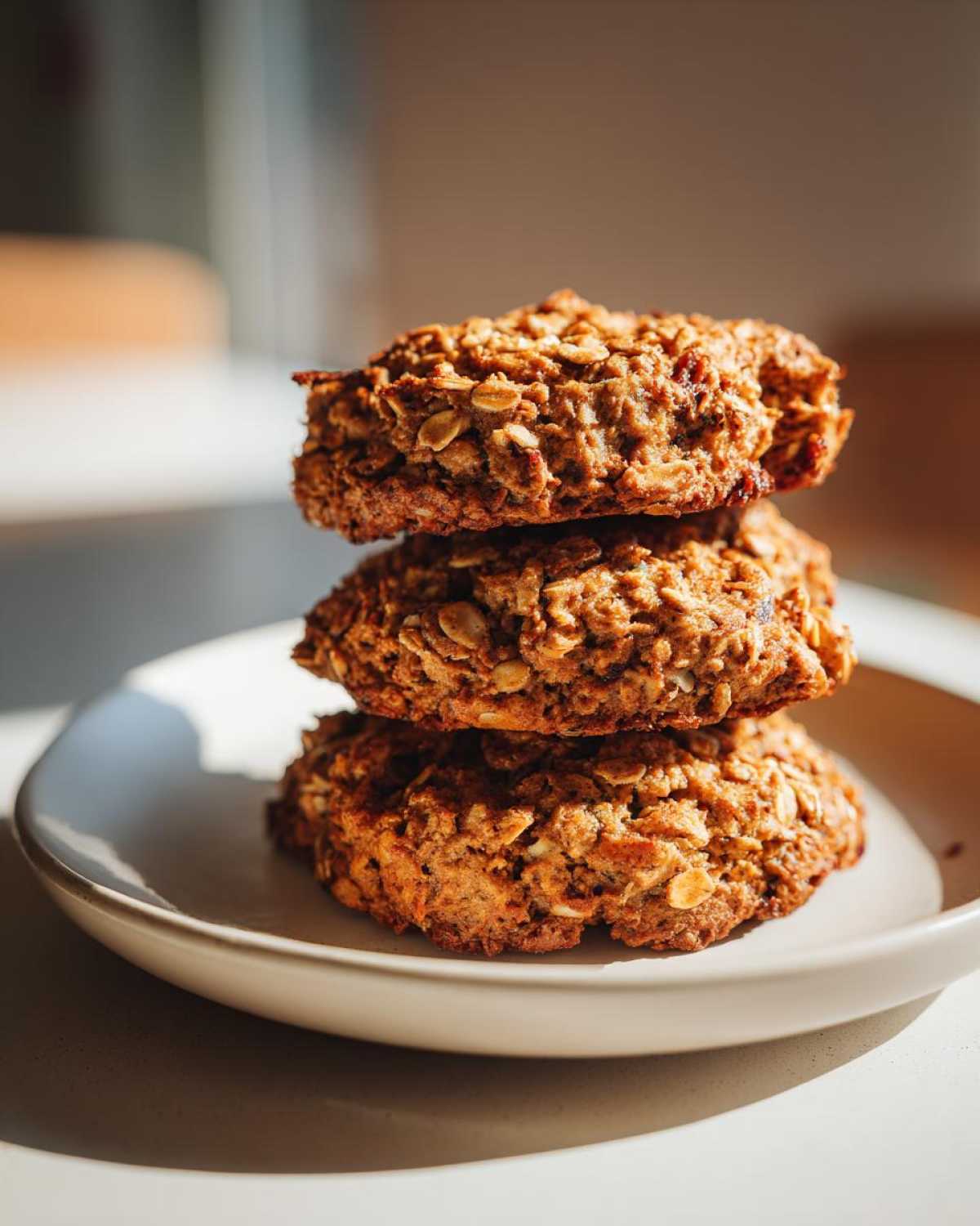 A stack of three hearty, oatmeal-based breakfast cookie treats sitting on a light-colored plate.