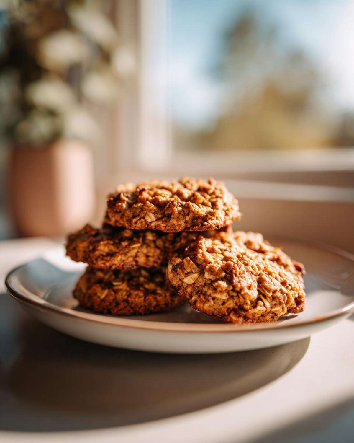 A stack of four textured, golden-brown breakfast cookie treats made with oats, resting on a small plate.
