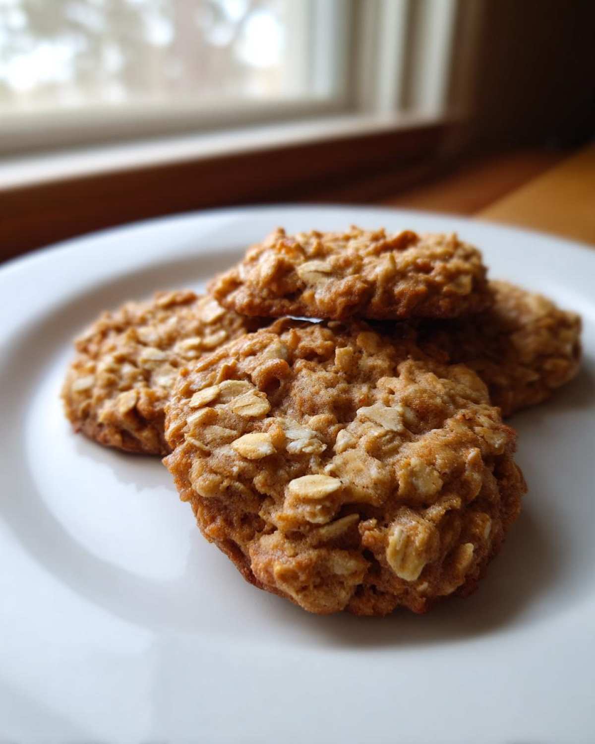 Close-up of several golden brown oatmeal breakfast cookie treats stacked on a white plate near a window.