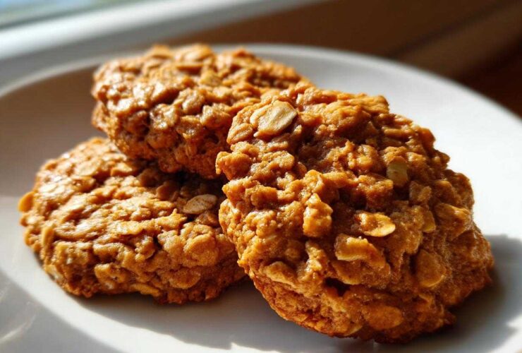 Close-up of three golden brown, textured breakfast cookie treats made with oats, sitting on a white plate.