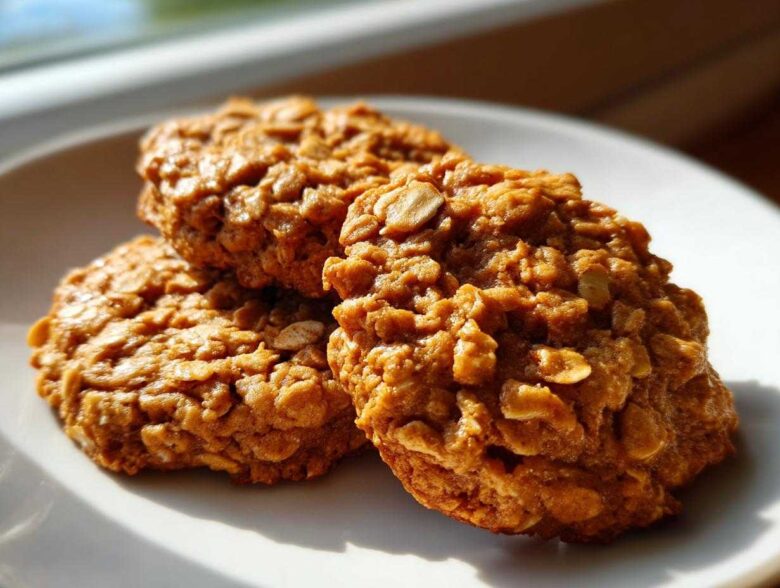 Close-up of three golden brown, textured breakfast cookie treats made with oats, sitting on a white plate.