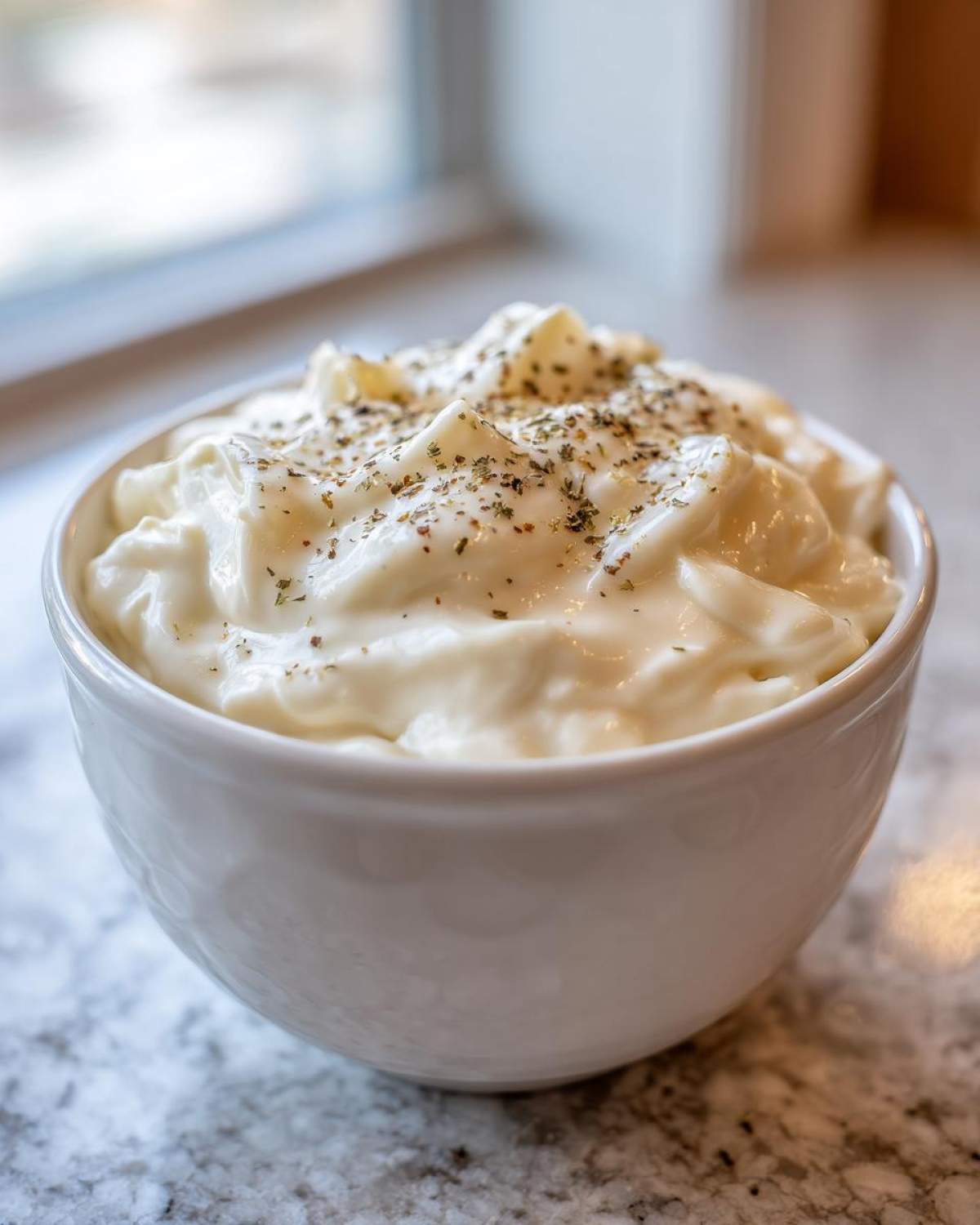 A close-up of thick, creamy Olive Garden Alfredo Sauce topped with dried herbs in a white serving bowl.