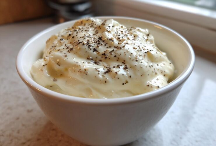 A close-up of thick, creamy Olive Garden Alfredo Sauce topped with freshly cracked black pepper in a small white bowl.