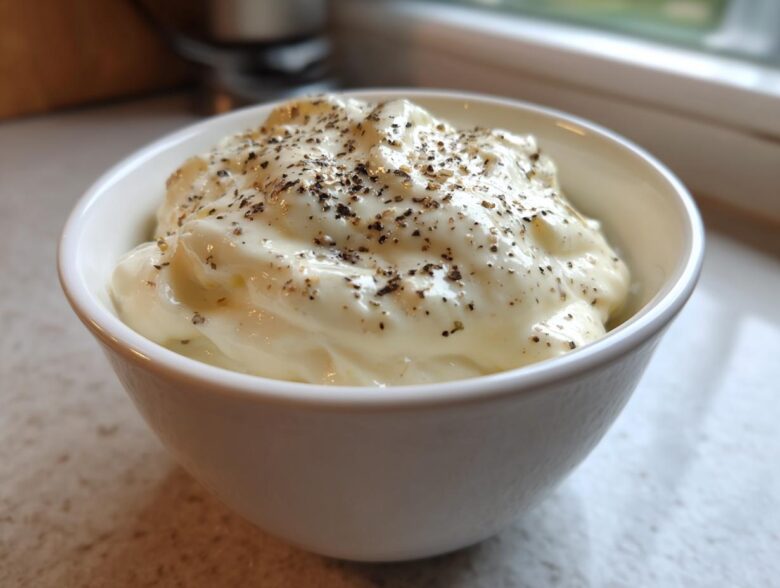 A close-up of thick, creamy Olive Garden Alfredo Sauce topped with freshly cracked black pepper in a small white bowl.