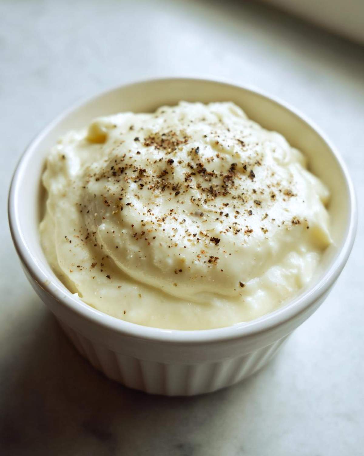 A close-up of rich, creamy Olive Garden Alfredo Sauce topped with freshly cracked black pepper in a white ramekin.
