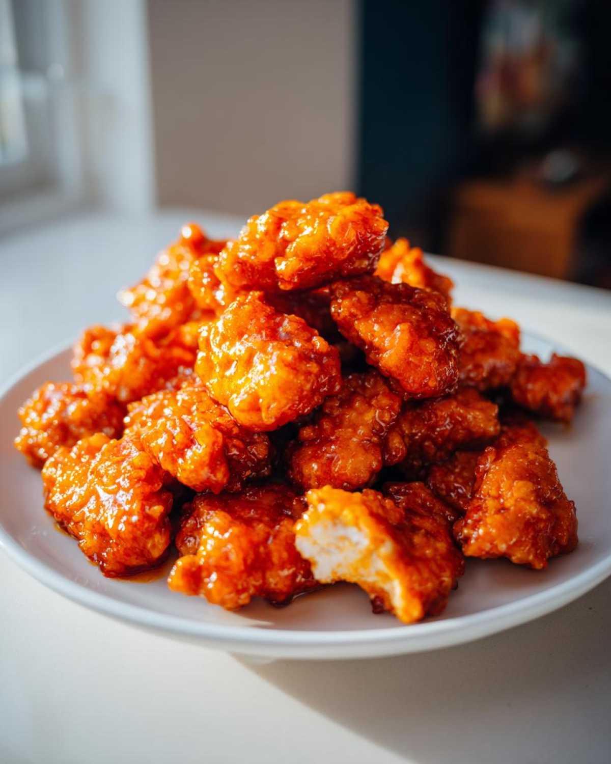 A pile of crispy, glazed orange chicken recipe pieces served on a white plate, showing the white interior of one bitten piece.