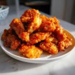 A white plate piled high with crispy, sticky pieces of orange chicken recipe coated in a glossy, sweet and savory sauce.
