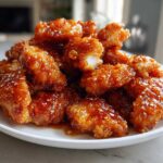 A pile of crispy, glazed pieces of orange chicken recipe coated in a sticky, shiny sauce and sprinkled with sesame seeds.