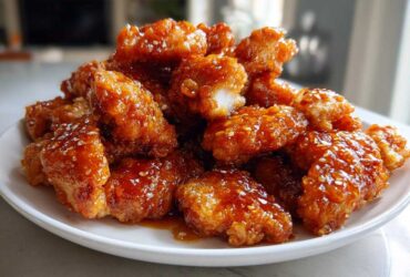 A pile of crispy, glazed pieces of orange chicken recipe coated in a sticky, shiny sauce and sprinkled with sesame seeds.