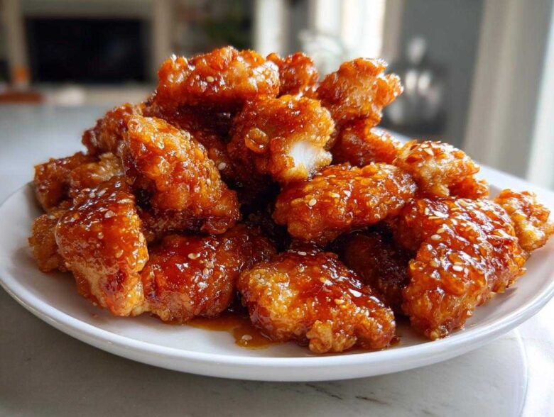 A pile of crispy, glazed pieces of orange chicken recipe coated in a sticky, shiny sauce and sprinkled with sesame seeds.