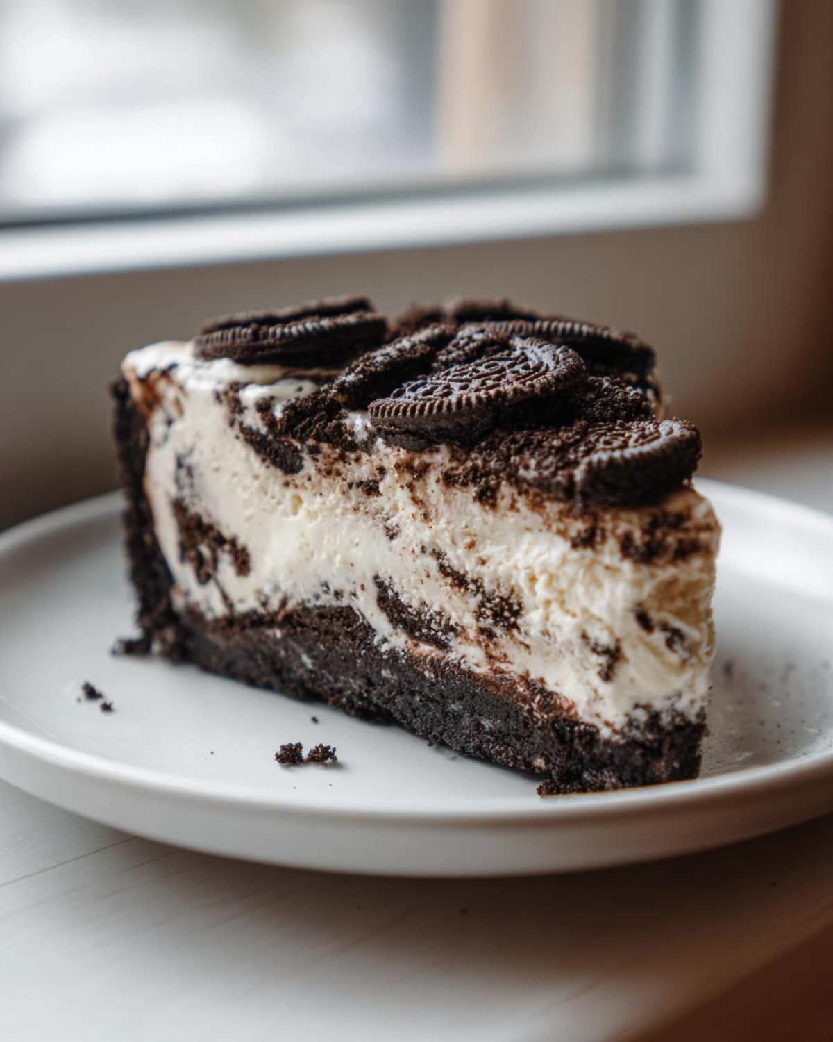 A close-up of a decadent slice of ice cream pie with a dark cookie crust and topped with whole Oreo cookies.