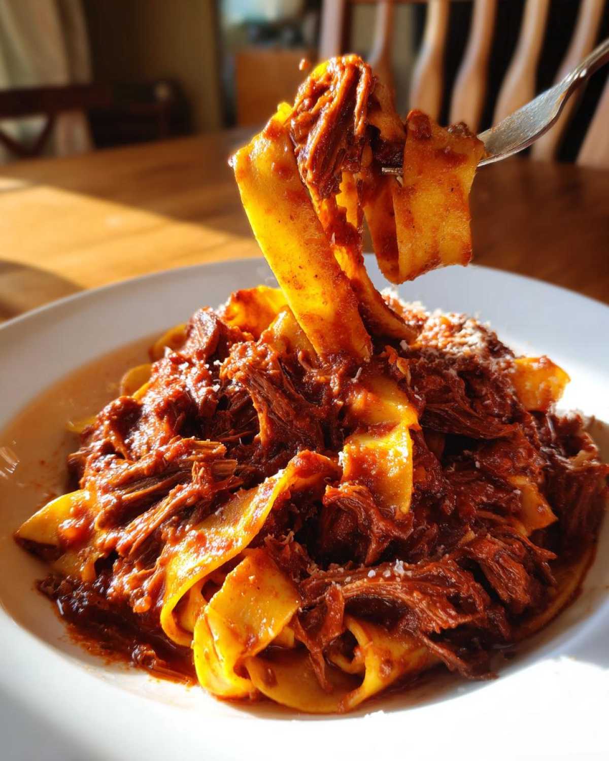 A fork lifting wide pappardelle noodles coated in rich, shredded beef ragu sauce from a white bowl.