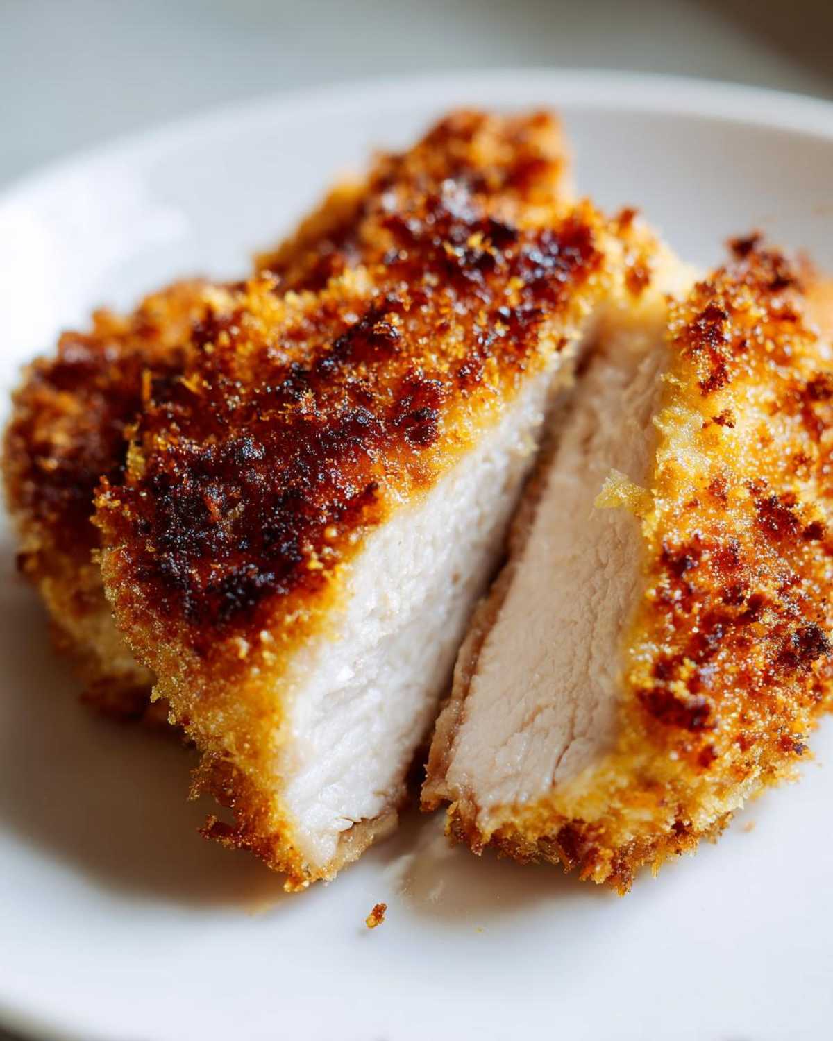 Close-up of perfectly cooked parmesan crusted chicken, sliced to show the juicy white interior and golden-brown crust.