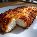 Close-up of juicy parmesan crusted chicken cut open, showing white meat and crispy golden-brown coating.