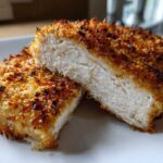 Close-up of parmesan crusted chicken cut in half, showing juicy white meat and crispy golden crust.