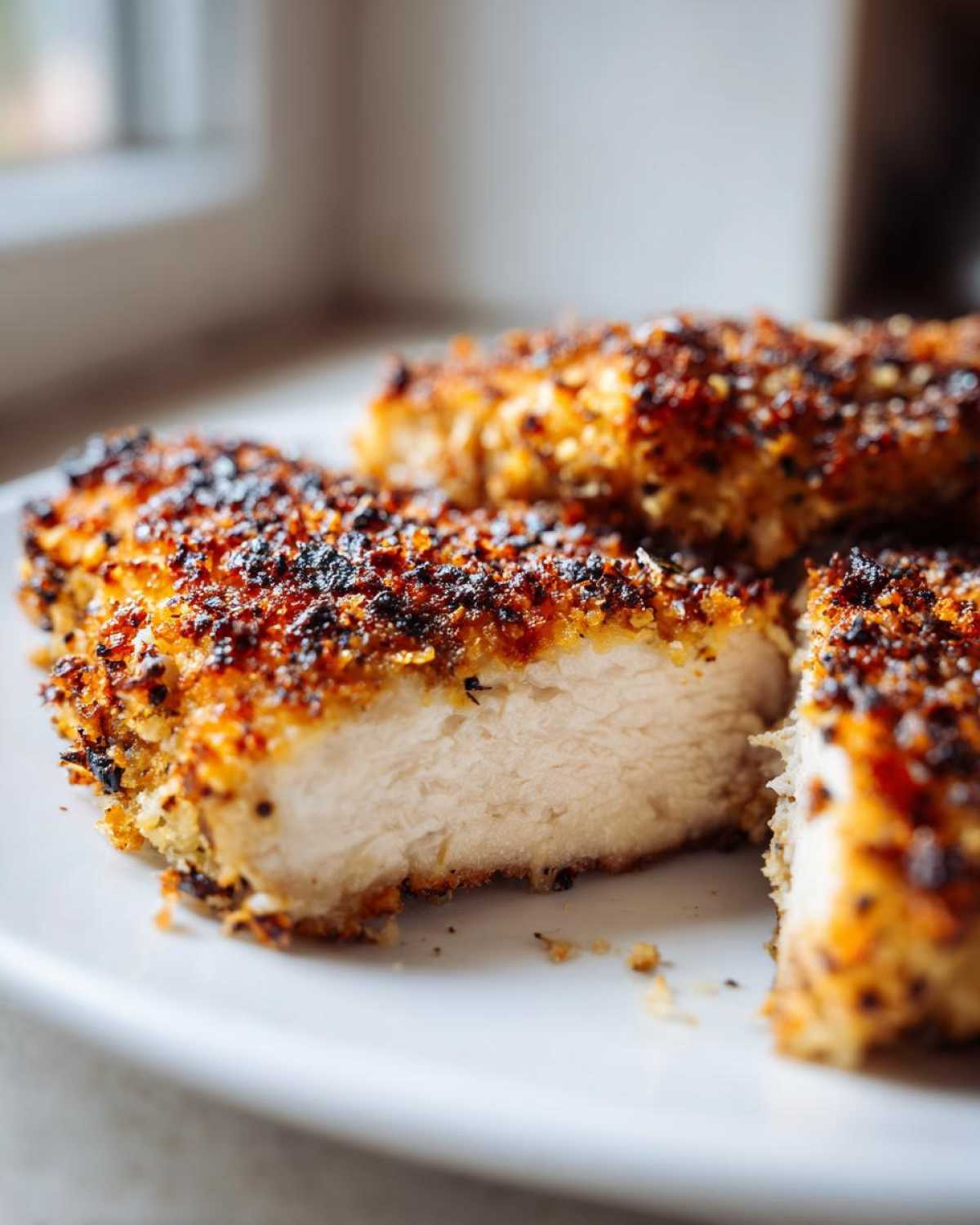 Close-up of perfectly cooked parmesan crusted chicken, showing the white, juicy interior and dark, crispy crust.