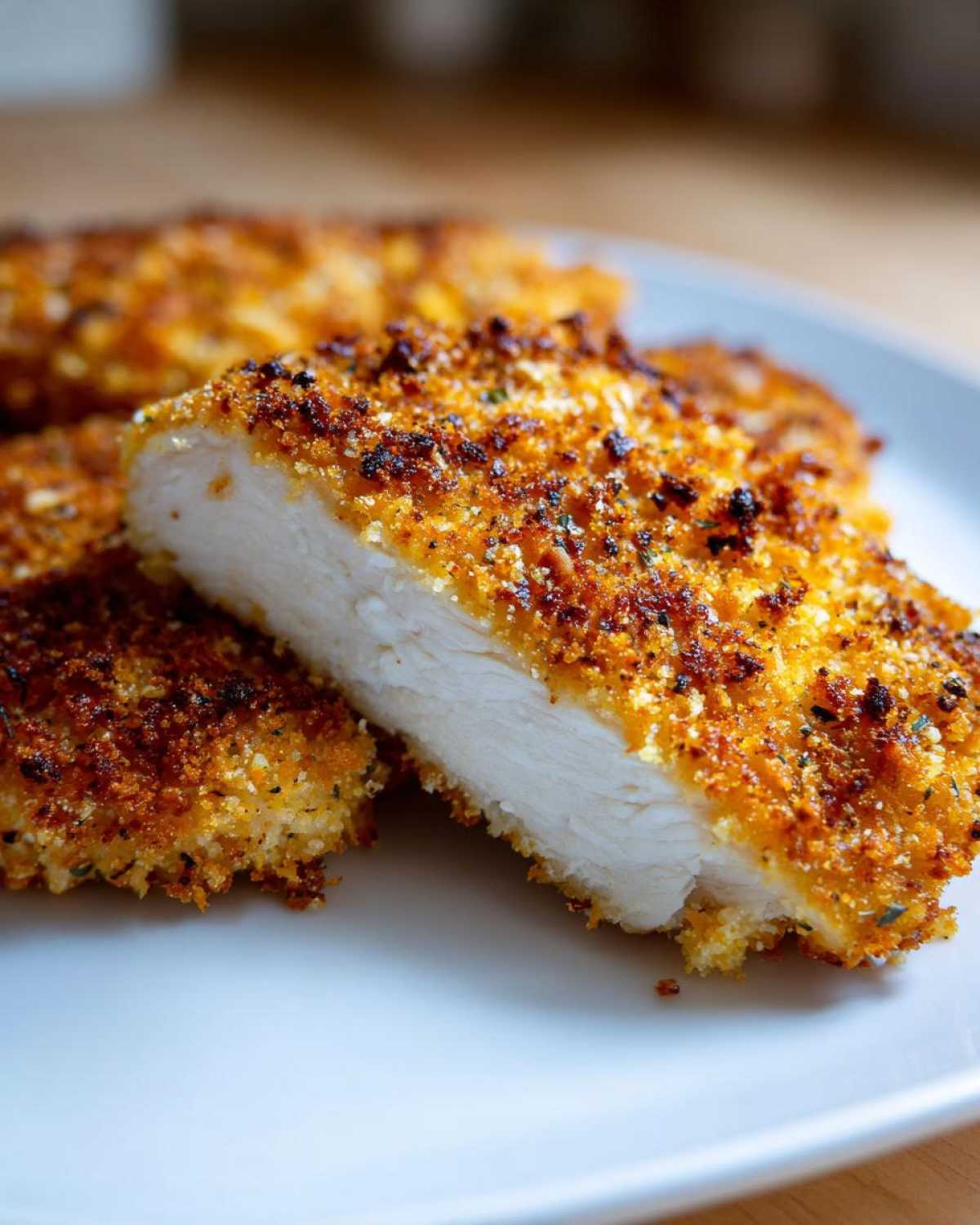 Close-up of parmesan crusted chicken cut in half showing juicy white meat inside a golden, crispy crust.