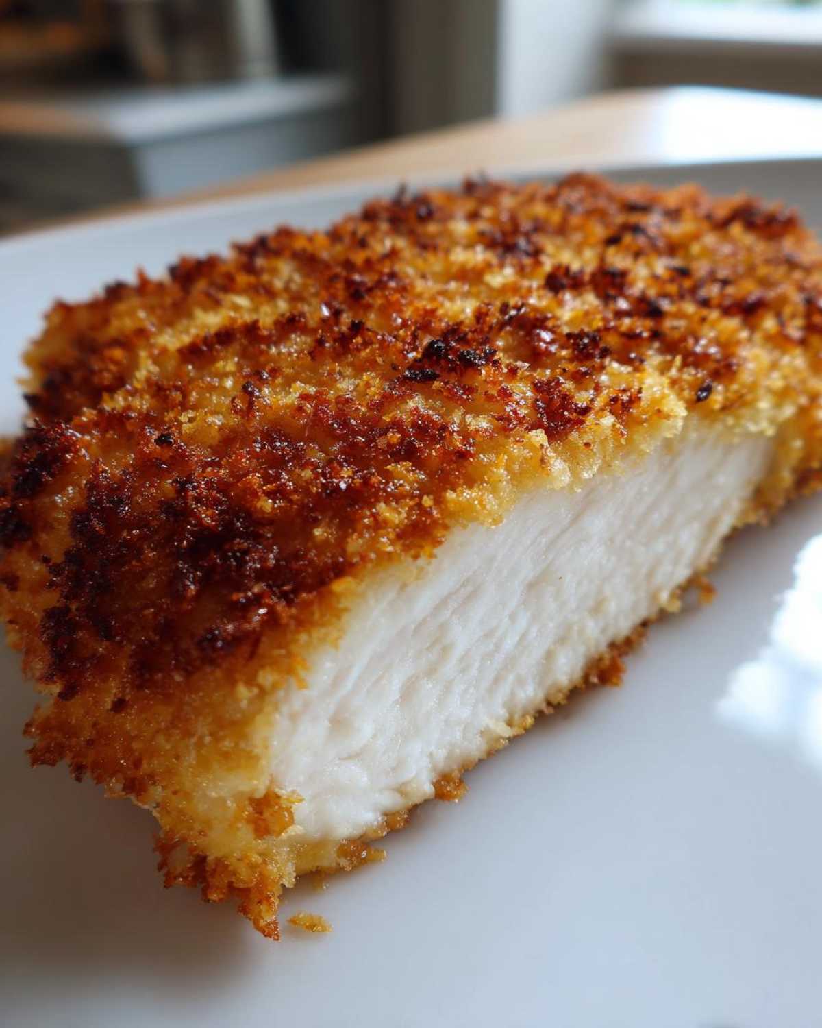 Close-up of a thick slice of parmesan crusted chicken showing the juicy white meat and golden brown crust.