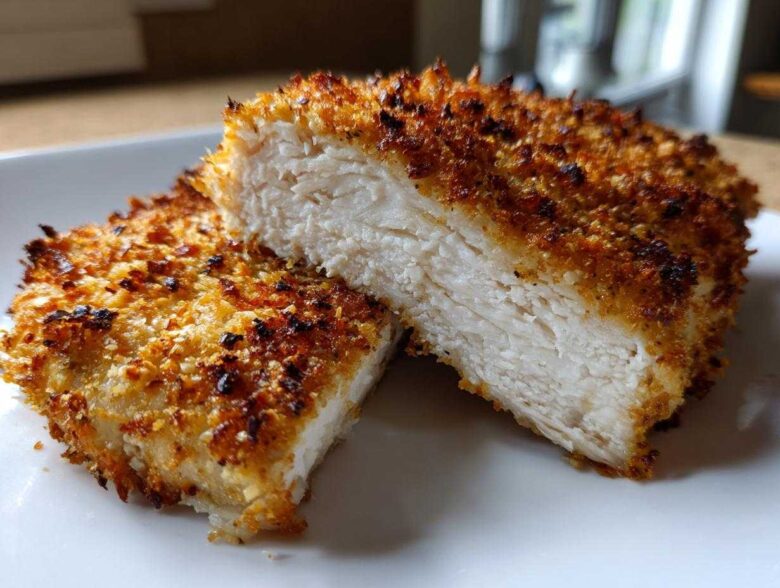 Close-up of parmesan crusted chicken cut in half, showing juicy white meat and crispy golden crust.