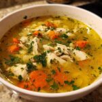 A close-up of a white bowl filled with steaming penicillin soup, featuring shredded chicken, bright orange carrots, and fresh parsley garnish.