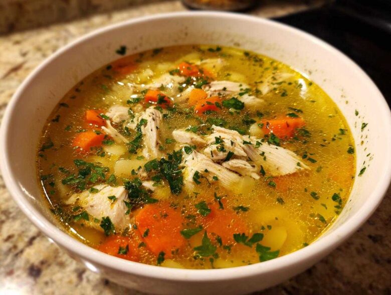 A close-up of a white bowl filled with steaming penicillin soup, featuring shredded chicken, bright orange carrots, and fresh parsley garnish.