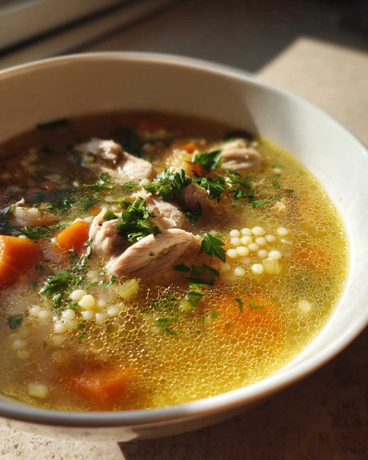 A close-up, sunlit bowl of hot penicillin soup featuring broth, shredded chicken, carrots, small pasta, and fresh parsley garnish.