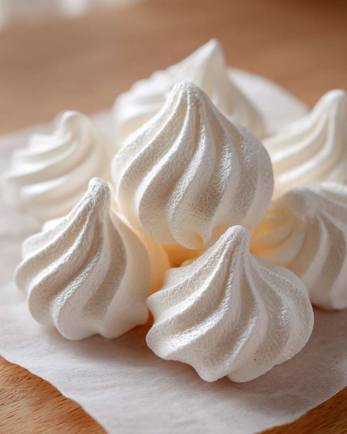 Close-up of several perfectly piped, white meringue cookies resting on parchment paper.