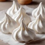 Close-up of several perfectly piped, white meringue cookies resting on parchment paper.