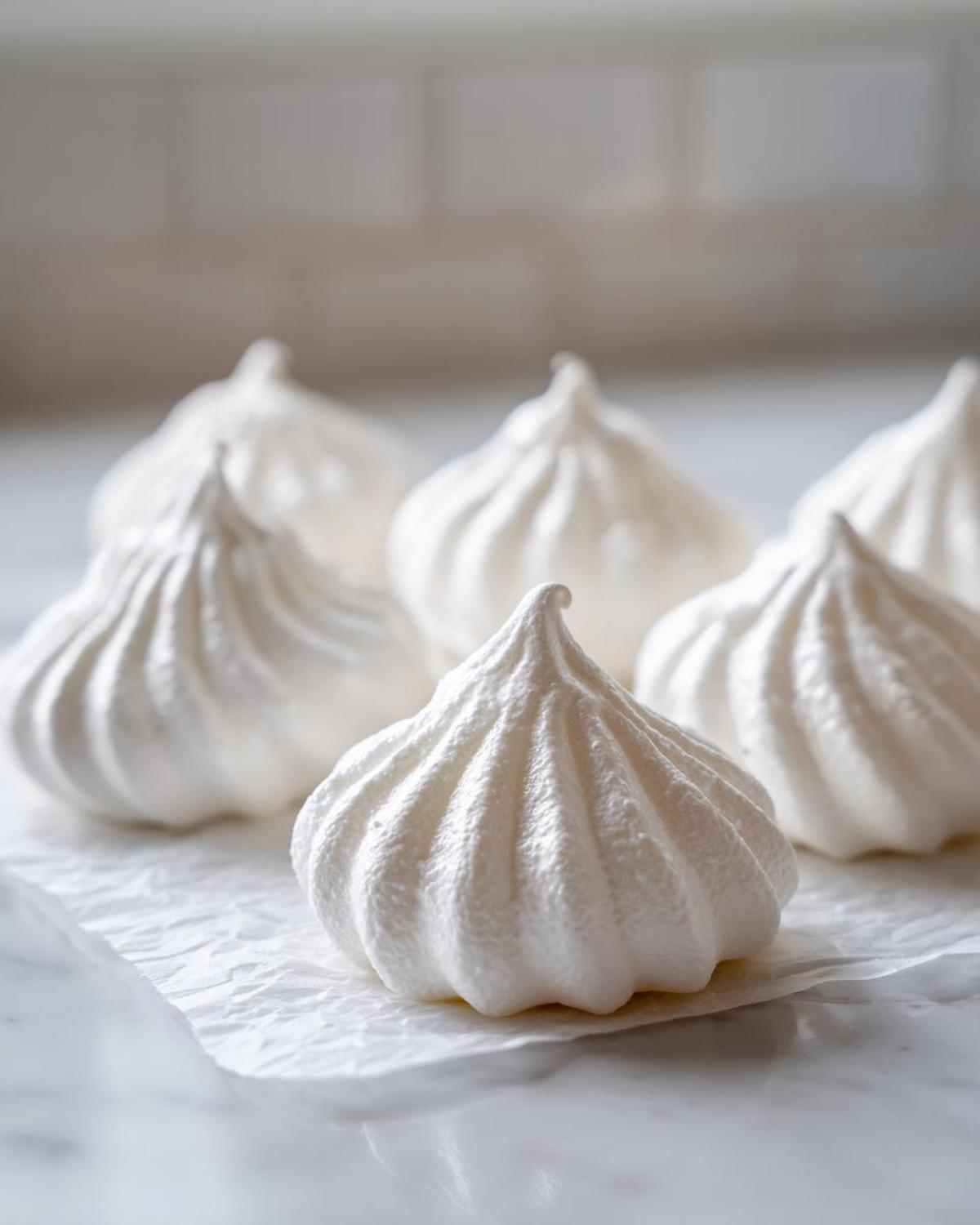 Close-up of several perfectly piped, bright white meringue cookies resting on crumpled parchment paper.