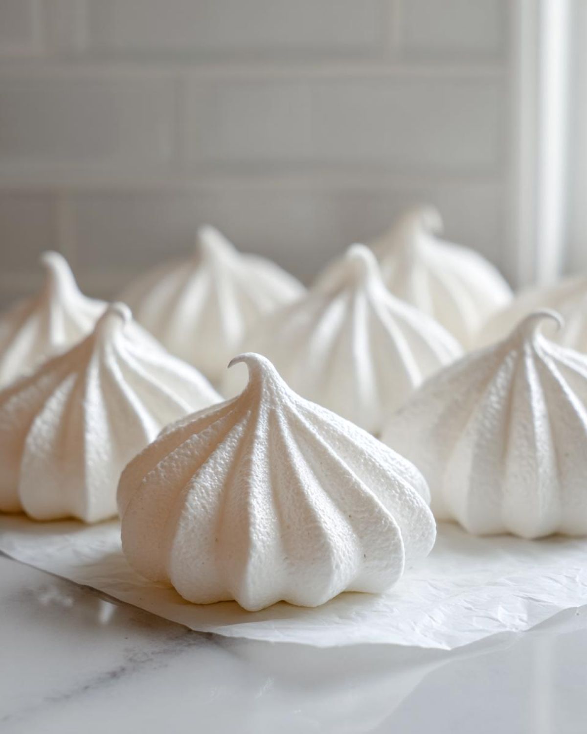 Close-up of several perfectly piped, bright white meringue cookies resting on crumpled parchment paper.