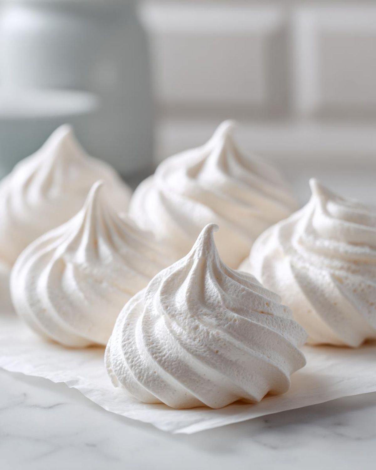 Close-up of several perfectly piped, white meringue cookies resting on parchment paper.