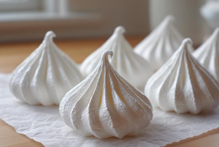 A close-up of several perfectly piped, glossy white meringue cookies resting on crumpled parchment paper.