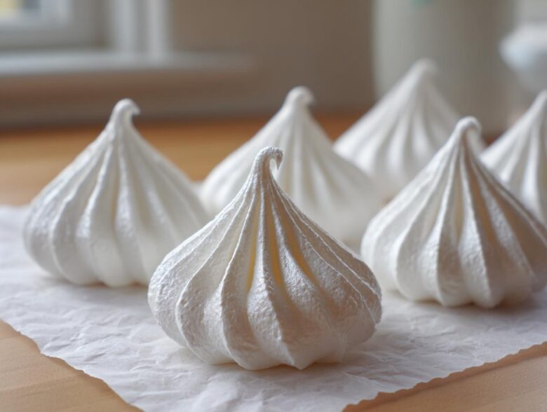 A close-up of several perfectly piped, glossy white meringue cookies resting on crumpled parchment paper.