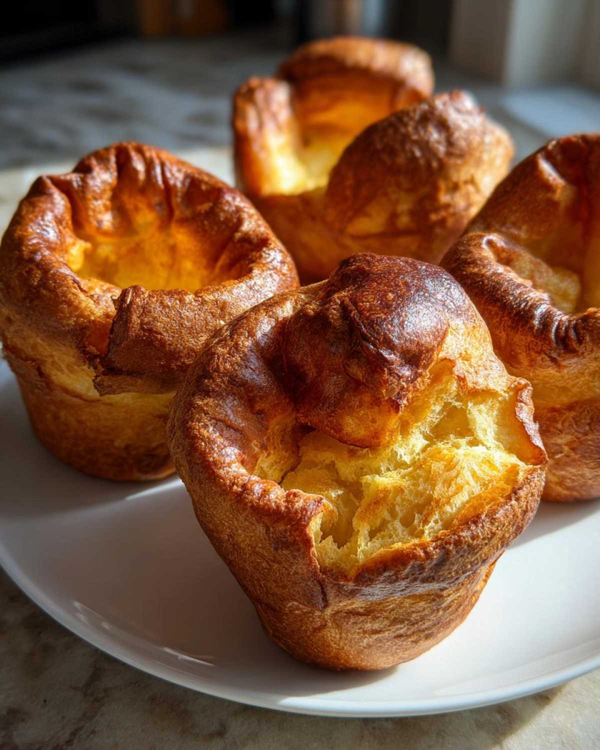 A close-up of four golden brown, perfectly risen yorkshire pudding on a white plate.
